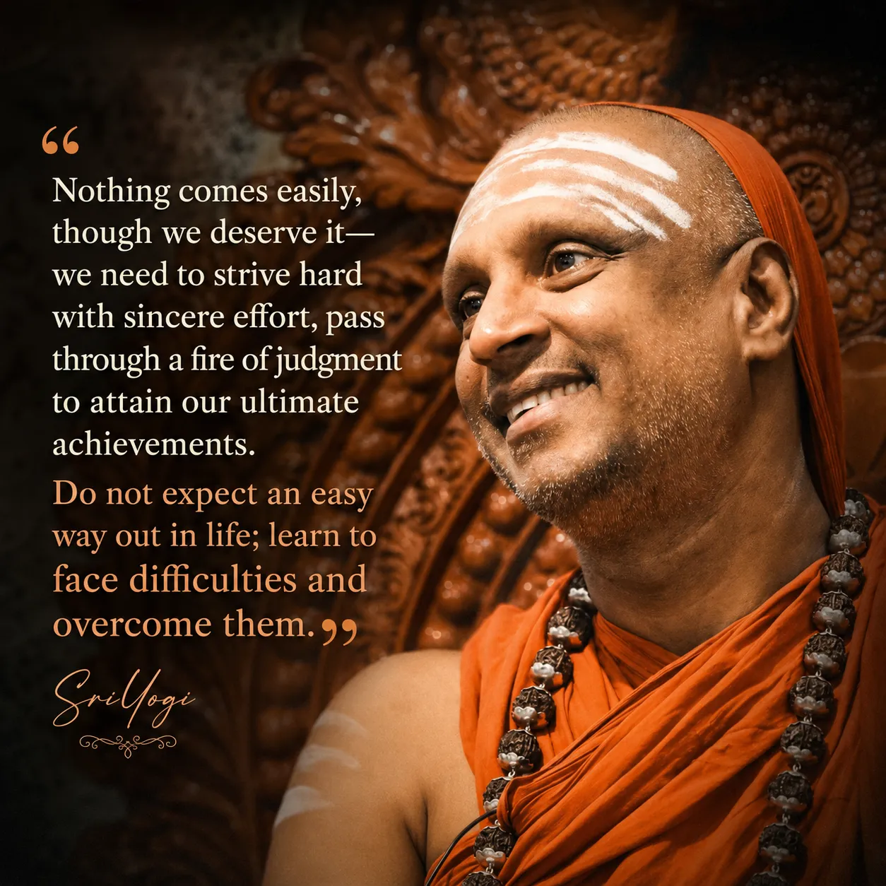 Nothing comes easily, though we deserve it. Do not expect an easy way out in life; learn to face difficulties and overcome them. — Sri Yogi