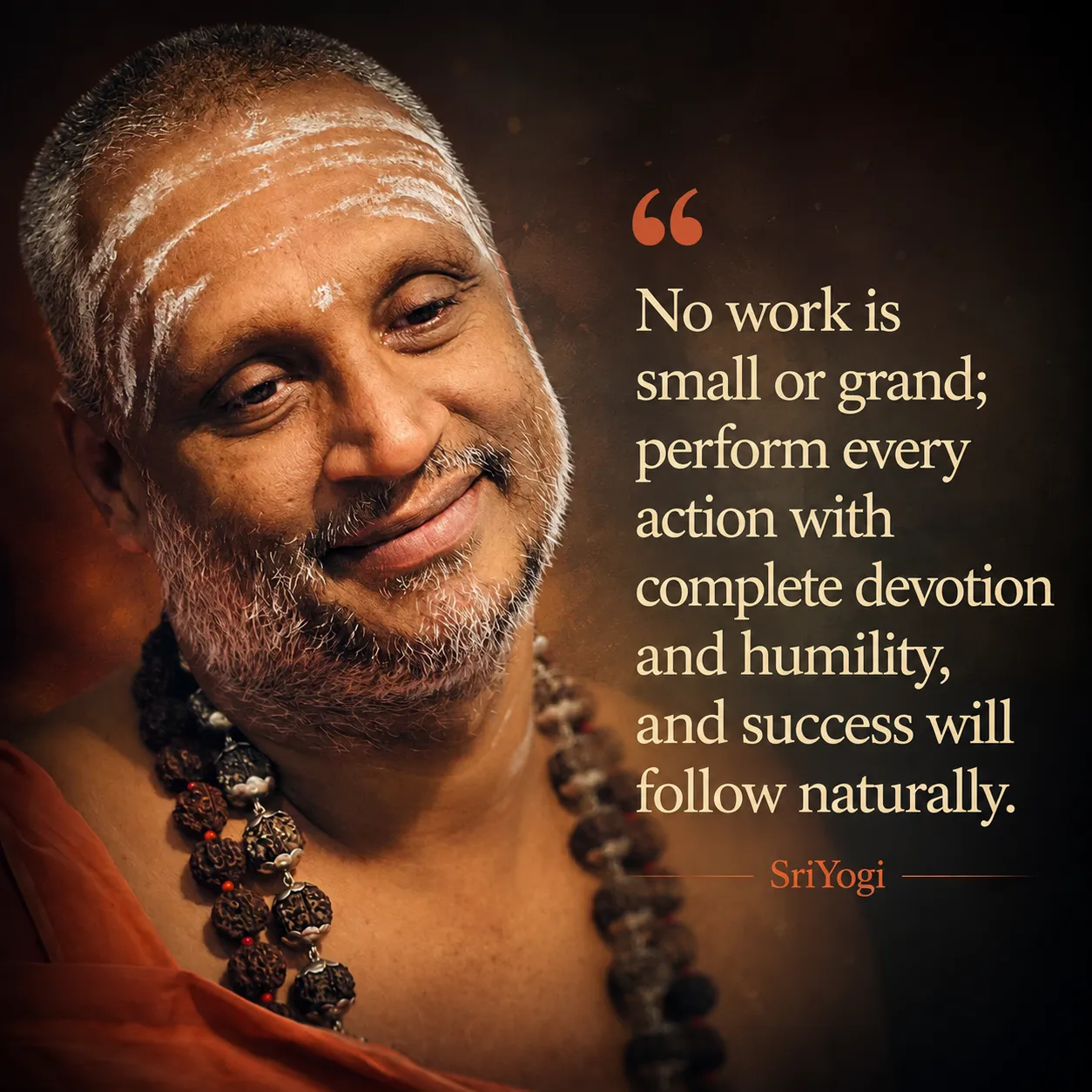 No work is small or grand; perform every action with complete devotion and humility, and success will follow naturally. — Sri Yogi